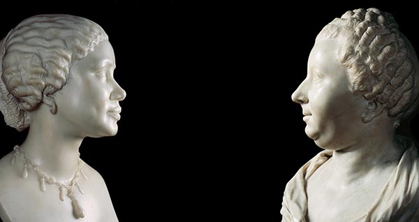Untitled Bust of an African Woman, marble, 1859 and Bust of Mm. Adelaide Julie Mirleau de Newville, marble, 1750s